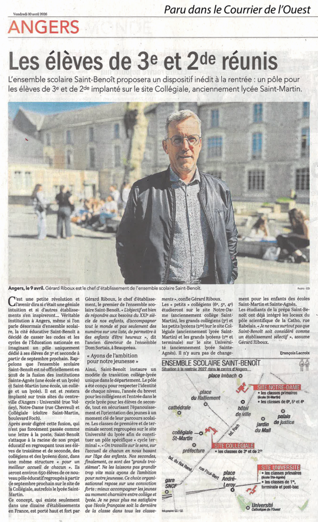 L’ensemble scolaire Saint-Benoît fait la Une : notre nouveau Pôle 3ème/2nde dans la presse ! 2 paru dans Courrier de l Ouest pole 3 2 10 04 26 rvb 3