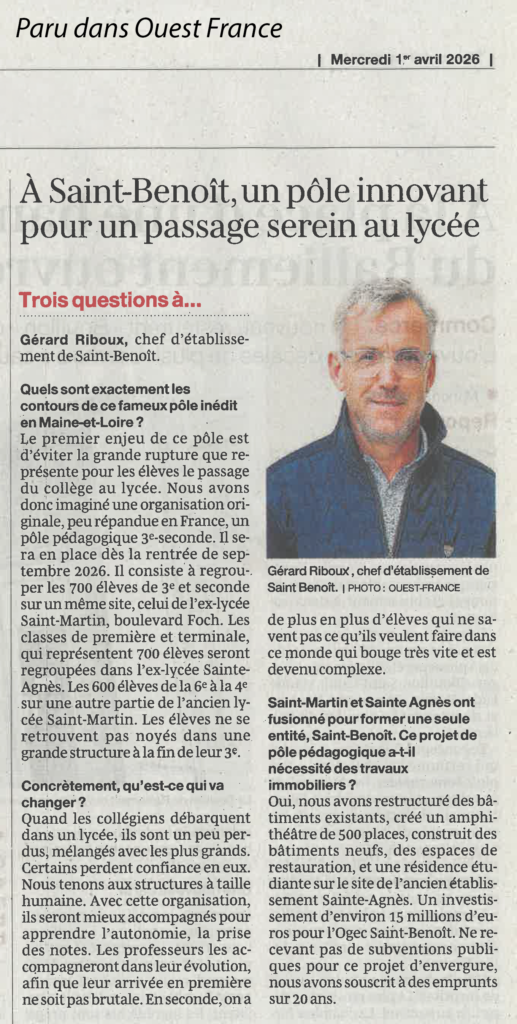 L’ensemble scolaire Saint-Benoît fait la Une : notre nouveau Pôle 3ème/2nde dans la presse ! 1 paru dans Ouest France pole 3 2 01 04 26 rvb 4